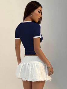 Women's Summer Round Neck Short Sleeve Contrast Color Print T-Shirt - Navy Blue - View 2