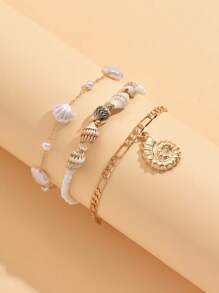 3pcs/Set Summer Faux Pearl Shell & Conch Anklet, Fashion Gold Color Natural Conch Pendant Foot Jewelry Suitable For Daily Outing, Party, Beach Vacation Wear. Handcraft Chain Can Be Customized Length, Natural Shell Pattern & Size Random.