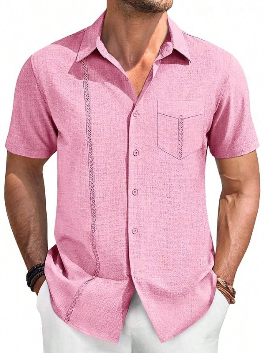 Mens Cuban Guayabera Shirts Button Down Short Sleeve Shirt Casual Linen Summer Beach Vacation Hippie Topshalloween - 粉色 - 查看 1