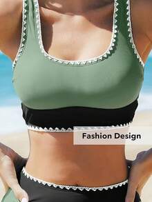 Women's Bikini Sets Two Piece Swimsuit Scoop Neck Tank Wide Straps Midkini Stitching - Green - View 3