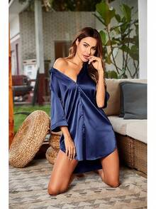 Women's Satin Nightshirt Button Down Sleepshirt Silk 3/4 Sleeve Nightgown Boyfriend Notch Collar Sleepwear S-3XL - 藏蓝色 - 查看 3