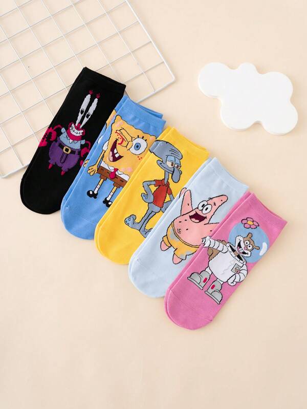 SPONGEBOB 5 Pairs Cartoon Spongebob & Octopus Pattern Jacquard Breathable Soft Casual Short Socks, Comfortable , Suitable For All Seasons, US/European Sizes