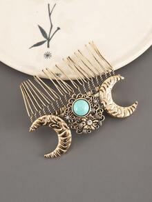 1 件金属包裹波西米亚星月图案复古锌合金发梳配件，适合所有季节，发饰，梳子，侧梳