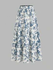 Vintage Floral Print Elastic Waist Ruffle Hem A-Line Skirt - trắng - Xem 2