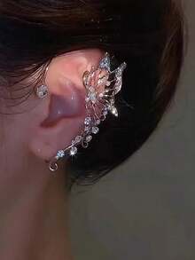 1 件时尚优雅无耳垂蝴蝶水晶水钻耳环，银色，奢华百搭设计