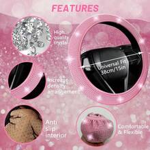 Artificial Diamond Car Steering Wheel Decoration Set Pink Artificial Diamond Steering Wheel Protective Cover, New Fashion Cute Goddess Steering Wheel Cover Set,Car Acessesories Women - Một cỡ - Xem 6