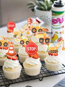 12 STÜCK Bau-Fahrzeug Cupcake Topper, Bau-Cupcake Topper Auto Bagger Kuchen Dekoration, Geburtstags-Party Kuchen Dekoration Feiertagsparty Zubehör