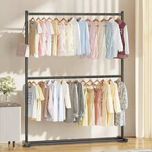 2段式クローゼットラック、スタンディングワードローブハンガー、省スペースの寝室用ラック、簡単組み立て、2段階金属製ハンガー  ドレス、パンツ、靴、ジーンズ、ブーツ、スカート、春夏シーズンのミニマリストトップス - ベージュ - チェックする 7