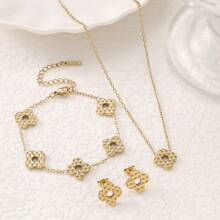 Conjunto de 4 peças de pulseira, colar e brincos com padrão de losango 3D da moda, adequado para festas femininas e uso de férias