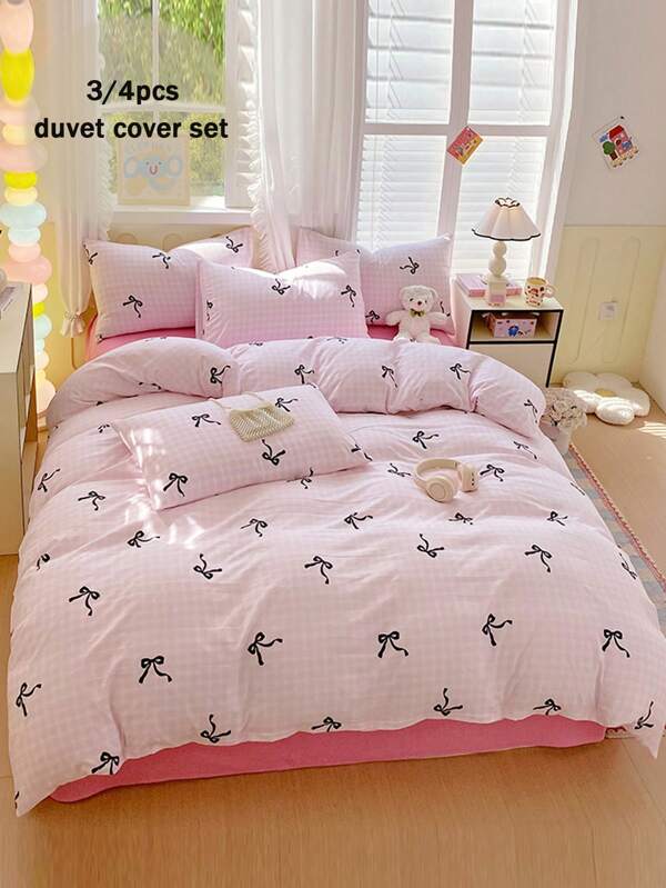 3/4pcs Bedding Set, Includes 1 Duvet Cover, 1 Flat Sheet, And 1 Or 2 Pillow Covers, Bowknot Pattern, Soft Plaid Print Duvet Cover, Solid Color Bedsheet, Suitable For Dorm, Kids Room, Double Bedroom, Cute & Girly Style, All Season