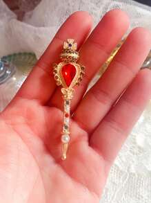 Vintage Baroque Colorful Crystal Pearl Brooch Pin, Gemstone Hollow Geometric Rectangle Brooch, Retro Baroque Crown Red Ruby Crystal Magic Wand Brooch, Fashion