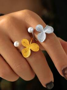 MiDuoDuo 1 pièce Bague fleur de perle de faux en acier inoxydable doré 18 carats, taille ajustable, bijou à la mode