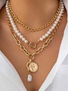 3 pièces set de pièces de monnaie métalliques à la mode, têtes de beauté, boucles OT, collier pendentif en forme de cœur, ensemble de chaîne multi-couches simple avec perles pour le collet, ensemble de bijoux pour femmes, bijoux d'été pour la plage, convient pour les fêtes, les cadeaux aux amis et à la famille, le port quotidien
