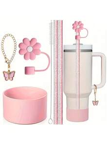 兼容 杯配件 6 件套杯子配件套装，适用于 40 盎司/30 盎司玻璃杯，包含闪光吸管和刷子、花形吸管盖、硅胶套、蝴蝶吊饰链，非常适合户外运动，是理想的情人节礼物、母亲节礼物 - 彩色 - 查看 1