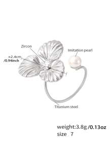 MiDuoDuo 1 pièce Bague fleur de perle de faux en acier inoxydable doré 18 carats, taille ajustable, bijou à la mode