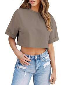 Tankaneo Women Crop-Shirts Half Sleeve Drop Shoulder Cropped Tops Y2K Casual Summer Basic Tees - Coffee - View 1