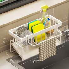 1 Estante multiusos para el fregadero, con soporte para esponja, estropajo y utensilios de cocina, almacenamiento de paños de lavado y bola de alambre de acero al carbono para el fregadero. Estante de acero al carbono mejorado para colgar en el fregadero y mantener limpio.