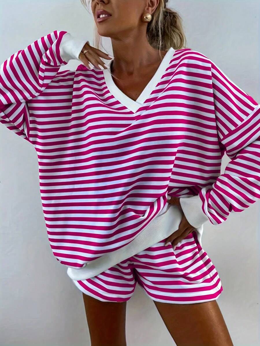 2 Pieces Set Spring Autumn Fashion Classic Stripes V-Neck Long Sleeves Loose Top Comfortable Shorts Casual Fashion Suit Home Clothes Set - 玫紅色 - 查看 1