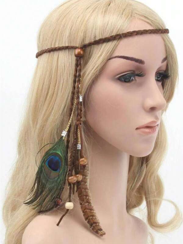 1pc Peacock Feather Headpiece Feather Hair Strap Bohemian Wind Rope, Hairband