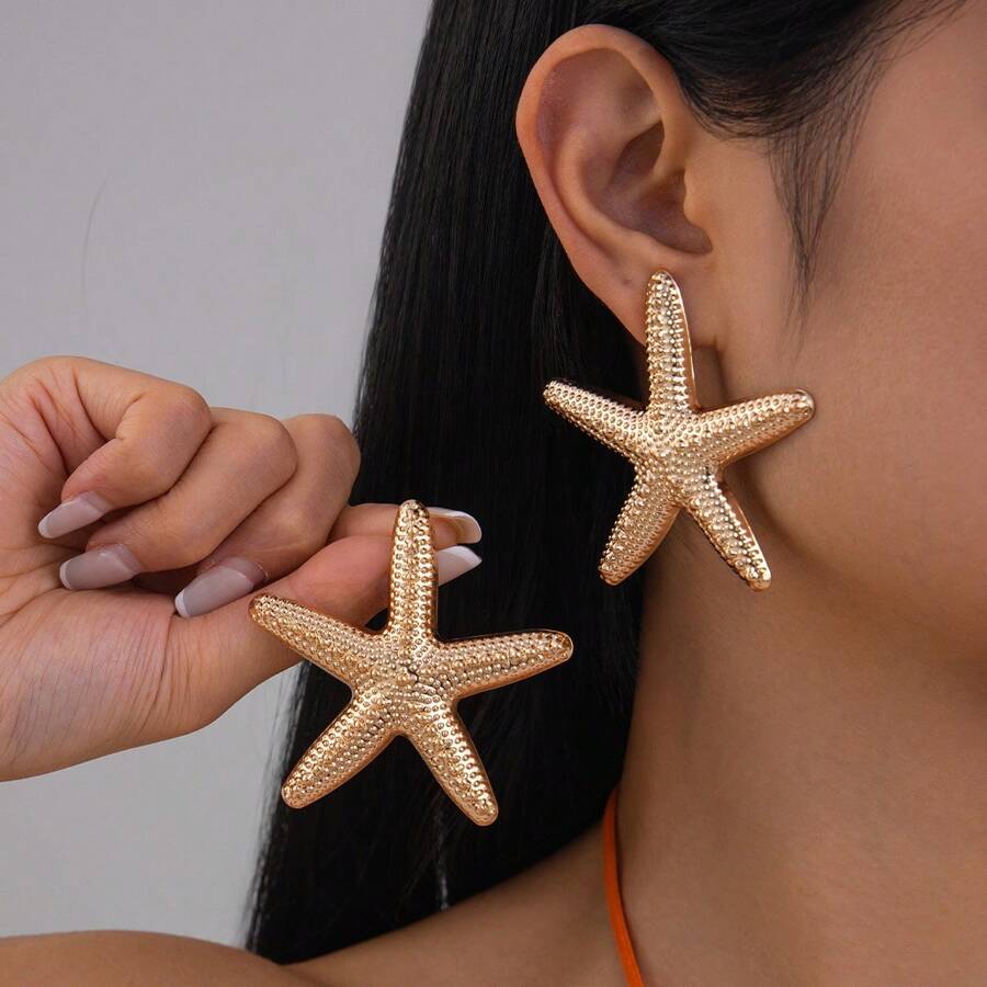 Ocean Style Party Exaggerated Star Earrings Personality Vacation Beach Starfish Metal Earrings