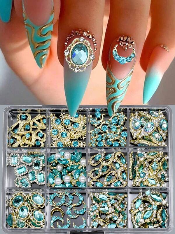 Juego de 120 piezas de cristal brillante, charms de uñas con decoraciones de formas de corazón, luna, verano, abejas, óvalos, piedras barrocas, coronas metálicas de plata y diseños huecos para decoración de uñas, mariposas y osos, esencial para uñas de playa, decoraciones y accesorios de arte de uñas