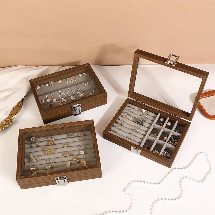 1 PC Jewelry Organizer Wooden Velvet Jewelry Tray Organizer Felt Jewelry Box Tray Holder With Clear Lid Storage Jewelry Tray Box For Necklace Stone Earring Bracelet Display Storage Organizer Box