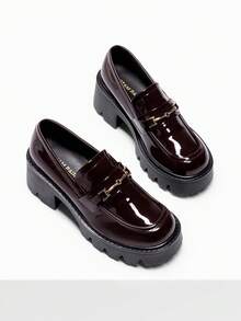 Women Platform Loafers Chunky Heel Slip On Lug Sole Fashion Loafers With Metal Casual Office Business Dressy Shoes - 棕色 - 查看 2