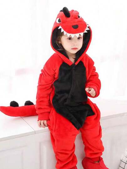 Pijama Entero Infantil de Dinosaure, Diseño Cartoon de Pelo Suave, Ideal para Otoño-Invierno, con Cremallera Oculta para Facilitar el Uso