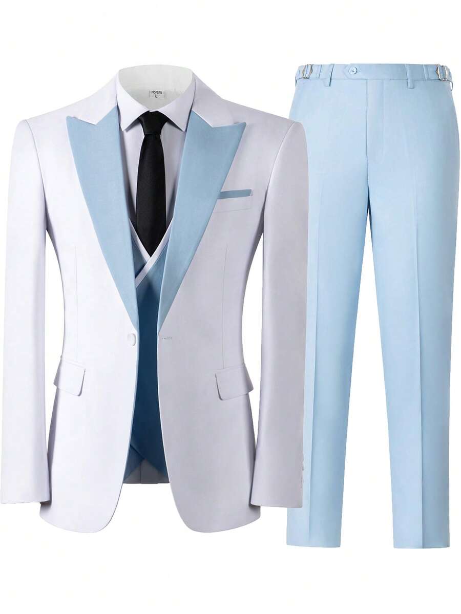Tuxedos For Men Suits 3 Pieces Colorblock Slim Fit Double Breasted Formal Evening Tuxedo Blazer Vest Pants For Wedding Party, Night Out, Anniversary - Màu xanh nhạt - Xem 1