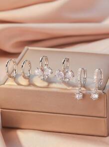 Set 6 cercei eleganți cu pietre multi-element și zirconiu din cupru, accesorii delicate și versatile pentru femei, pentru petreceri/întâlniri/cadouri