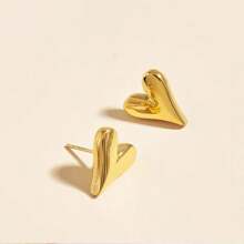 1 Pair Glossy 3D Heart Stainless Steel Stud Earrings For Women, Suitable For Daily, Vacation And Party Wear