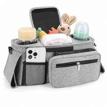 Universal Stroller Organizer With Insulated Cup Holder Detachable Phone Bag And Shoulder Strap, Stroller Bag Caddy Organizer Accessories Fits For , Baby Jogger, Britax Strollers - Grey - View 1