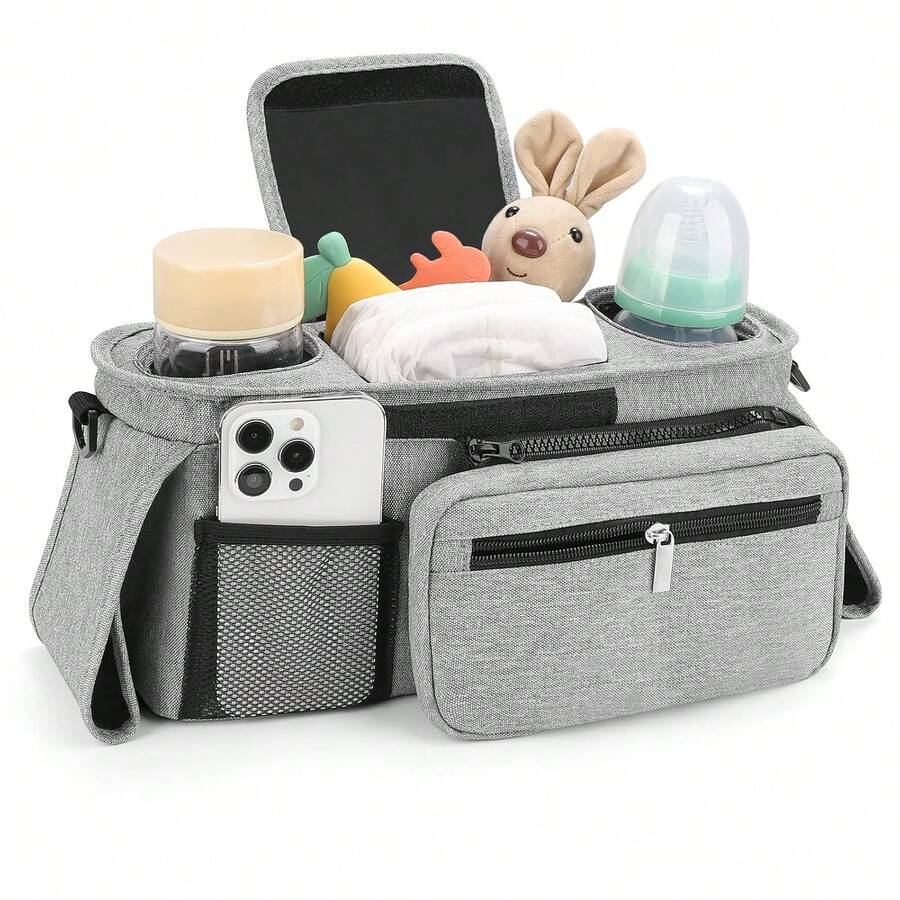 Universal Stroller Organizer With Insulated Cup Holder Detachable Phone Bag And Shoulder Strap, Stroller Bag Caddy Organizer Accessories Fits For , Baby Jogger, Britax Strollers - Grey - View 1