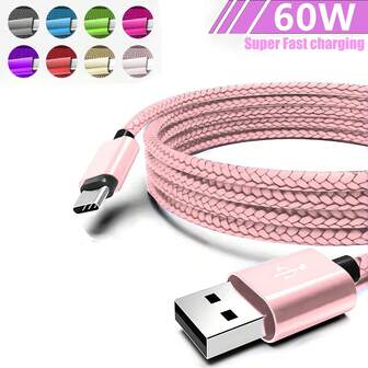 Cable de carga USB Tipo-C de carga rápida de 60W, trenzado de nailon, cable de carga Android de USB-A a USB-C, compatible con Samsung Galaxy S25 S24 S23 S22 S21 S20 Ultra S20+ Note 20 10 S10 S9 Plus A12 A11 A52, OnePlus, Pixel 6 5 4 4a 3a XL