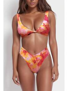 Conjunto de bikini Geluboao para mujer, de color sólido, con escote en V, detalle de nudo delantero, push up y tanga de piernas altas, traje de baño de dos piezas - Floral rojo - Ver 4