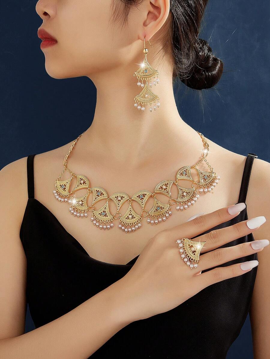 Set de bijuterii retro de lux Mgyi, din cupru auriu, la modă și de înaltă calitate, pentru femei, colier elegant placat cu aur de 18K, design pătrat, cercei, inel pentru femei, potrivit pentru Nigeria, Dubai, Orientul Mijlociu, Arabia Saudită, nuntă, purtare zilnică, cadou de aniversare a nunții, cadou de Halloween pentru prieteni - Aur - Vizualizare 1