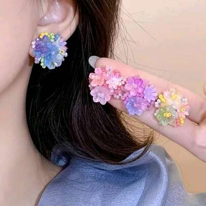 1 Pair Handmade Tie Dye Pearl Woven Flower Bud Stud Earrings, Layered Half Sphere Floral Earrings With Sweet Dopamine Vibe, Colorful Earrings For Girlish Fashion