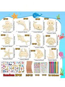88 Pieces Sea Animals Wooden Craft Kit With Stickers, Drill Stickers And Colored Pencils Colorful DIY Painting And Decorating Kits, Gifts And Seasonal Decorations For Back-To-School Season, Halloween And Christmas Diy Gifts