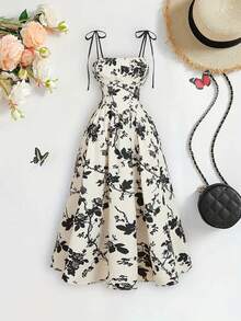 Y2K Floral Print Midi Dress For Women, Off Shoulder Design, Tie Up Straps, A-Line Silhouette, Polyester, Machine Washable - Perfect For Summer - màu đen - Xem 5