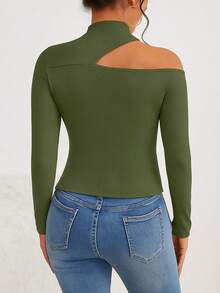 Women's T-Shirt Blouse Suplex Fabric Long Sleeve High Neck Asymmetrical Cut Ideal For Meetings And Casual Use - 軍綠色 - 查看 2
