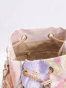 1 Pc Colorful PVC Flower Decor, Mesh Embroidery Jacquard Flower Pattern Chain Pearl Bucket Bag, Fashionable Shoulder Bag, Crossbody Bag (Random Flower Pattern) - Baby Pink - View 10