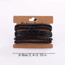 4pcs Boho Style Multi-Layer PU Leather & Wax Rope Braided Bracelet With Wooden Beads & Anchor Pendant, Adjustable Size