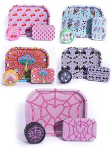 3件套吸烟配件套装，包括1个金属香烟托盘、1个金属香烟盒和1个塑料研磨器，多种优雅印花图案，吸烟配件礼品，节日礼品 - 彩色 - 查看 3