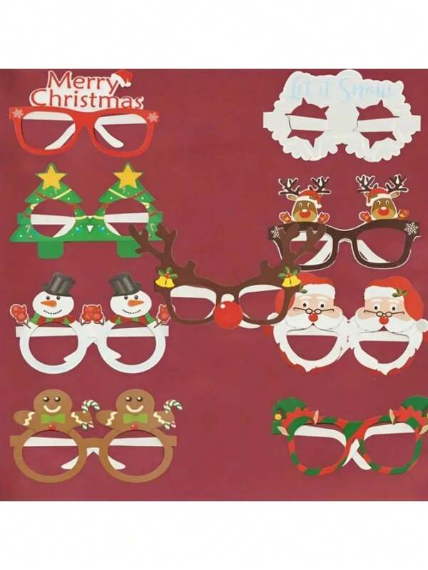 9pcs,Holiday Christmas Glasses - Santa Claus, Reindeer, Snowmen And Tree Designs - Suitable For Holiday Parties, Birthdays And Weddings - High-Quality Paper Photo Props, Christmas Decorations
