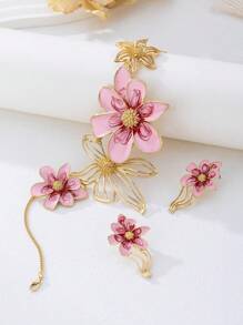 Conjunto de 3 peças de colar e brincos com pingente floral esmaltado elegante, adequado para roupas femininas do dia a dia e de férias, presente