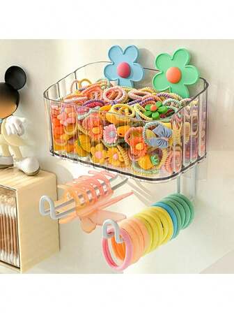 1個 粘着式 透明 壁掛け式ヘアアクセサリー収納バスケット、バスルーム/化粧台カウンタートップ収納ホルダー ヘアタイ、指輪、クリップ用、スペースを有効活用するビューティーアイテム収納