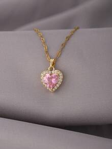 1pc Elegant Heart Copper Pendant Necklace, Heart Shape Necklace, Cubic Zirconia, Stainless Steel Chain, Summer Jewelry Gift For Girls And Women - Multicolor - View 6