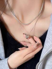 1 pieza de collar decorativo con doble capa de cuentas de acero de titanio y diseño de cintura de circonita cúbica, adecuado para que las mujeres lo usen con suéteres en otoño/invierno