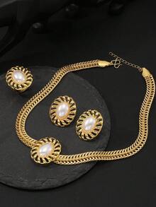 18K Gold Plated Minimalist Fashion Pearl Geometric Pendant Necklace, Earrings, Ring 4-Piece Set, Stainless Steel Material, Non-Fading Gold Plated Jewelry, Suitable For Banquet, Party, Daily Wear, Wedding And Other Occasions - Multicolor - View 2
