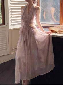Fall Women's Elegant Floral Printed Halter Backless Homecoming Party Dresses Autumn Korean Style Female Vintage Chic Birthday - View 2